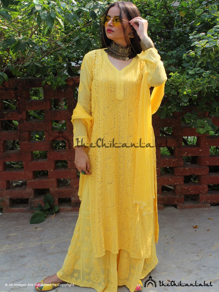 Tara Viscose Chikankari Kurta Set with Dupatta - Yellow - Image 4