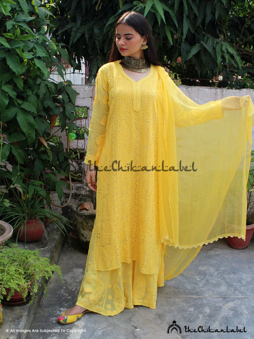 Tara Viscose Chikankari Kurta Set with Dupatta - Yellow - Image 5