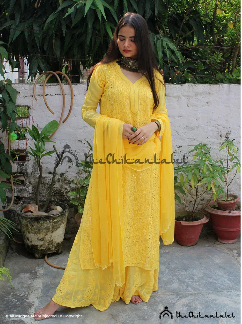 Tara Viscose Chikankari Kurta Set with Dupatta - Yellow - Image 6