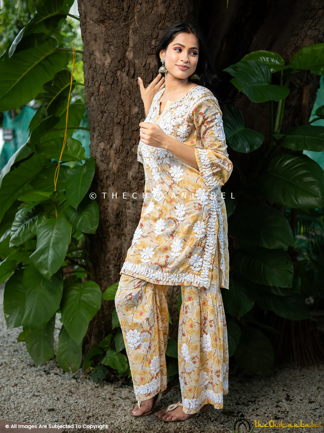 Tarz Mulmul Cotton Chikankari Kurta Garara Set - Yellow - Image 10
