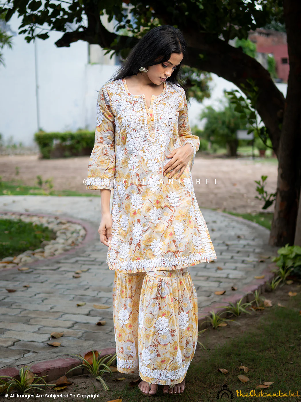 Tarz Mulmul Cotton Chikankari Kurta Garara Set - Yellow - Image 11