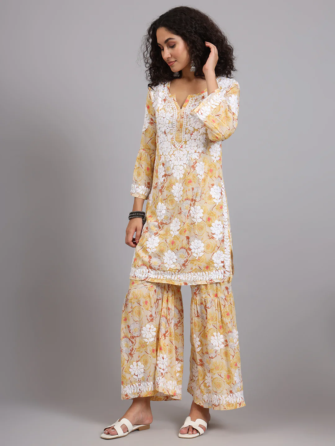 Tarz Mulmul Cotton Chikankari Kurta Garara Set - Yellow - Image 12