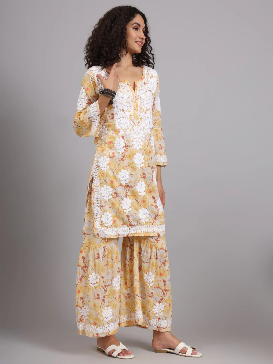 Tarz Mulmul Cotton Chikankari Kurta Garara Set - Yellow - Image 13