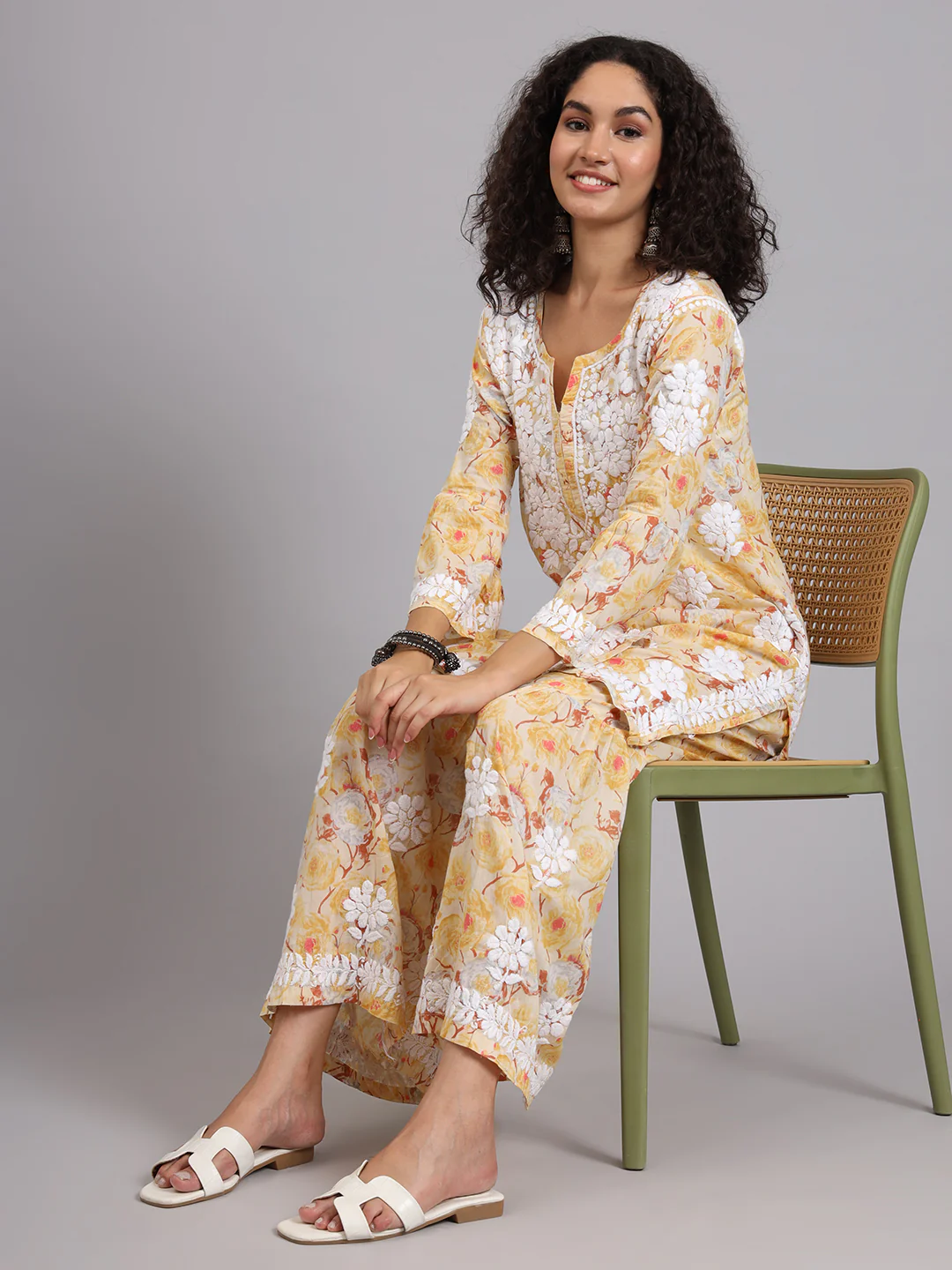 Tarz Mulmul Cotton Chikankari Kurta Garara Set - Yellow - Image 14