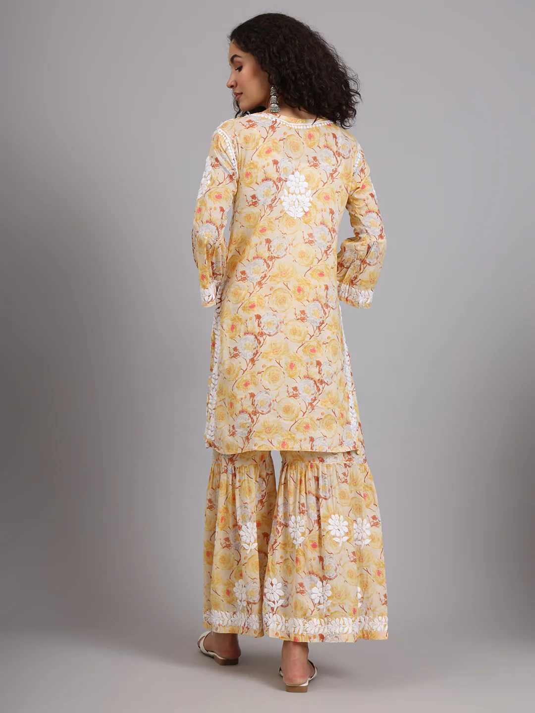 Tarz Mulmul Cotton Chikankari Kurta Garara Set - Yellow - Image 3