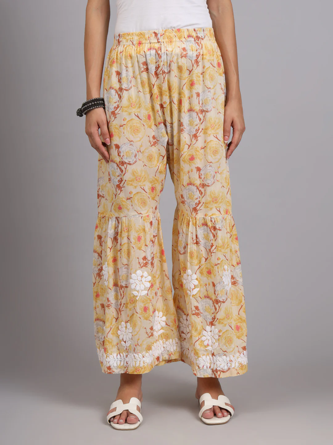 Tarz Mulmul Cotton Chikankari Kurta Garara Set - Yellow - Image 4