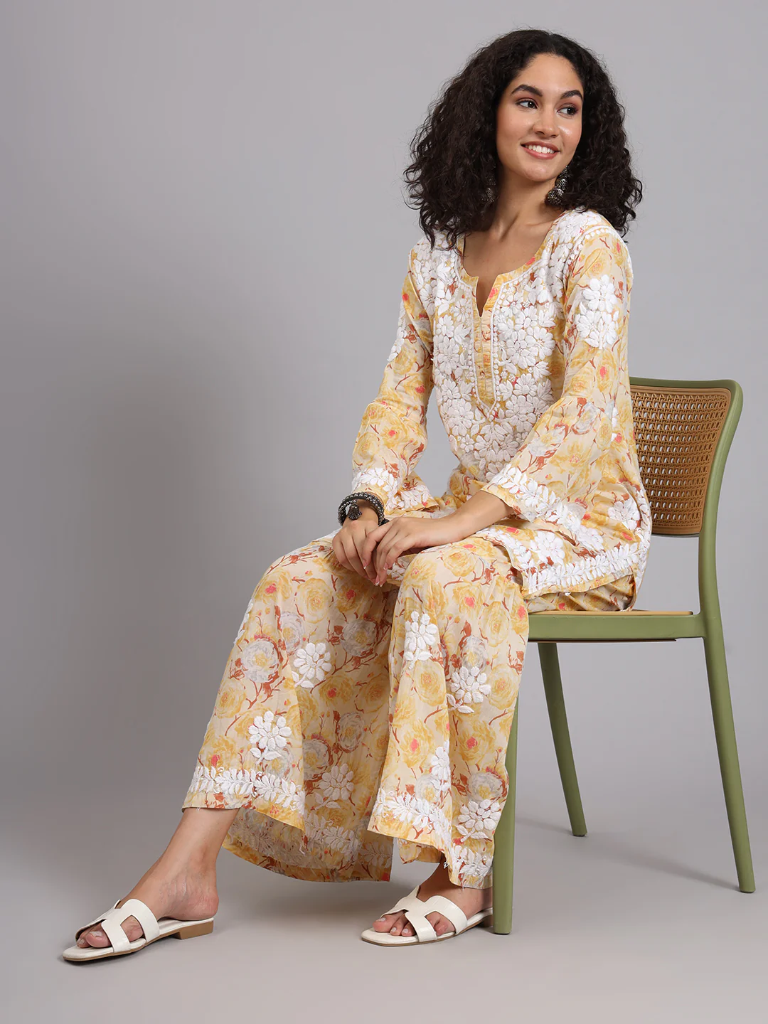 Tarz Mulmul Cotton Chikankari Kurta Garara Set - Yellow - Image 5