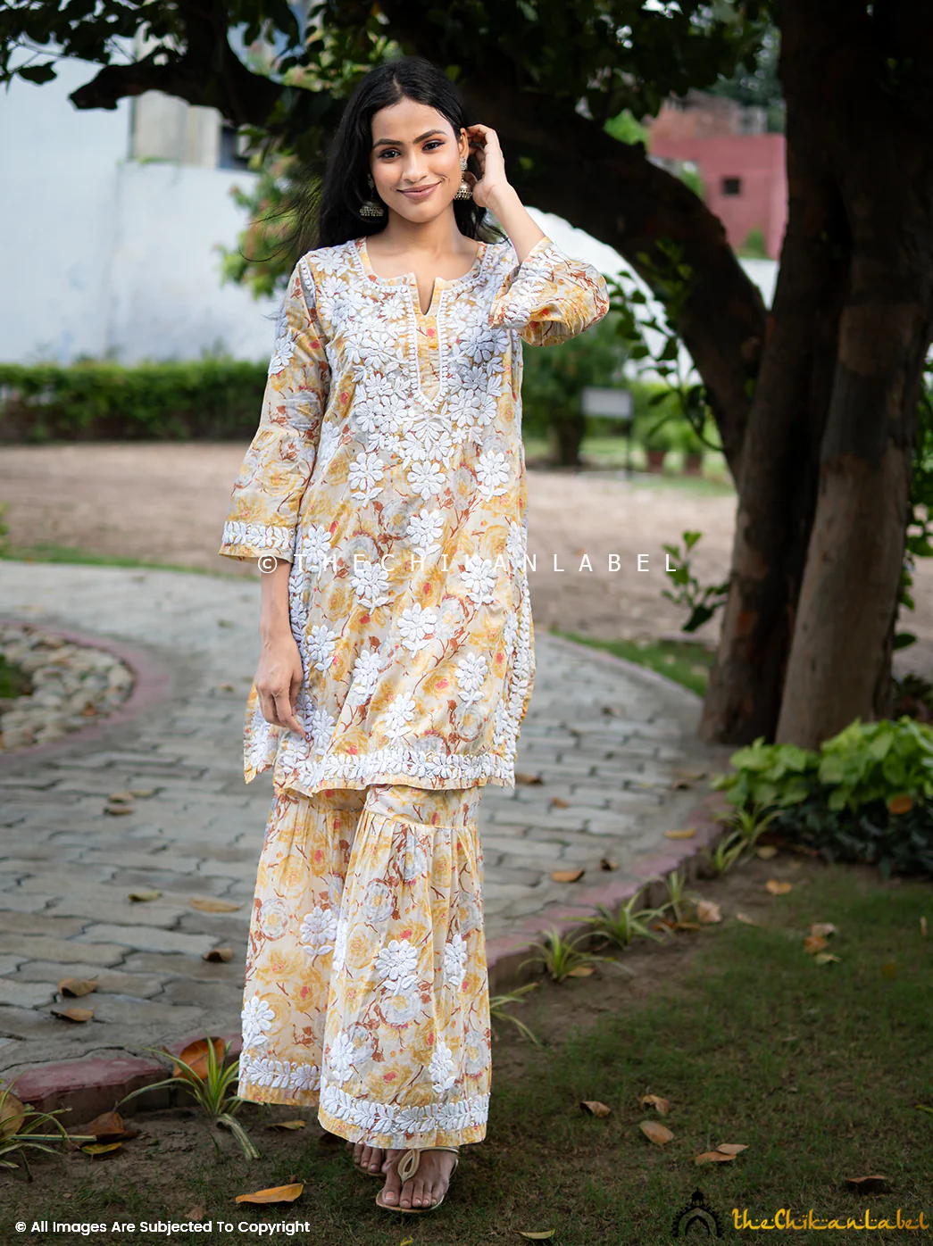 Tarz Mulmul Cotton Chikankari Kurta Garara Set - Yellow - Image 6