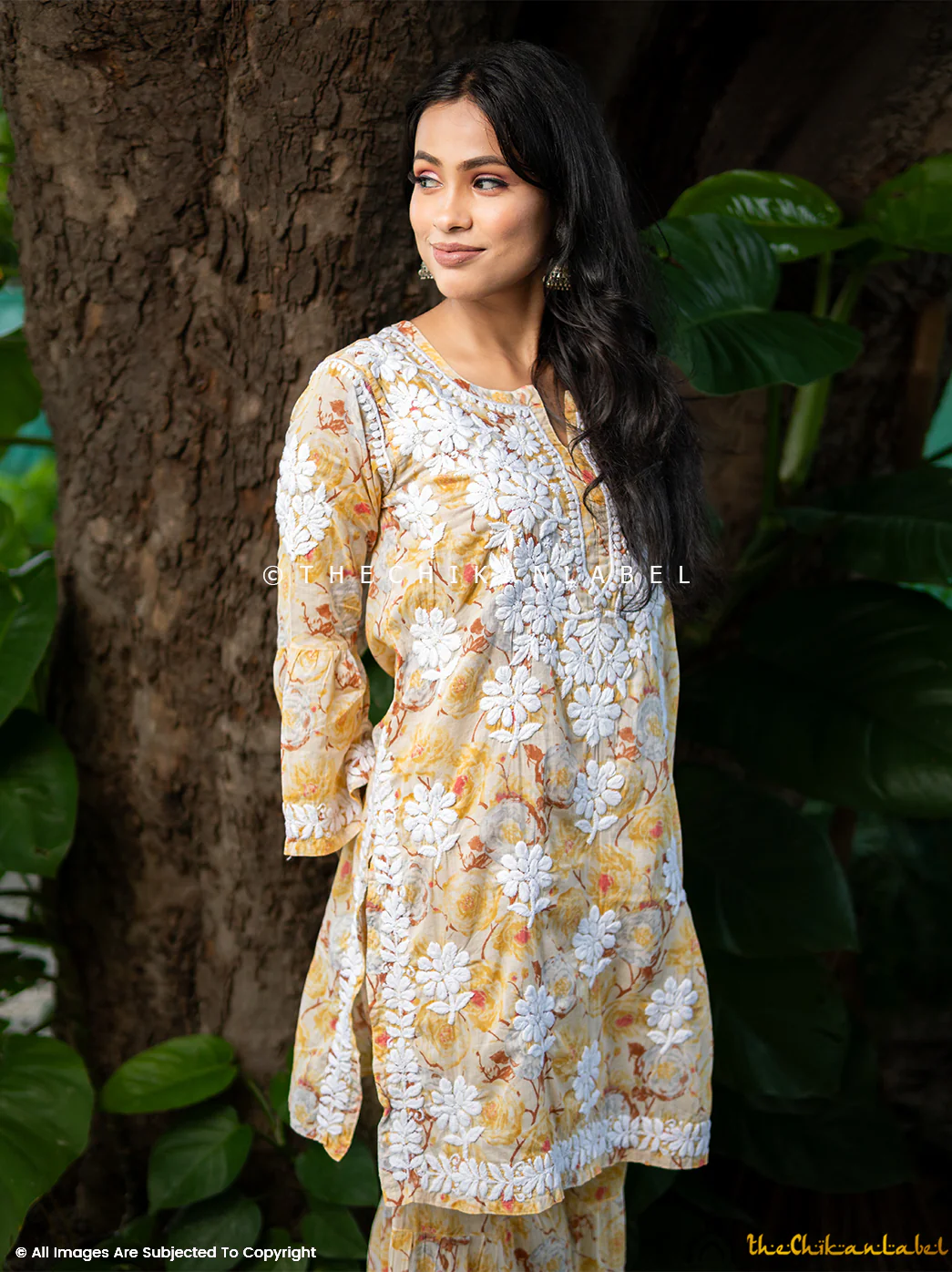 Tarz Mulmul Cotton Chikankari Kurta Garara Set - Yellow - Image 7