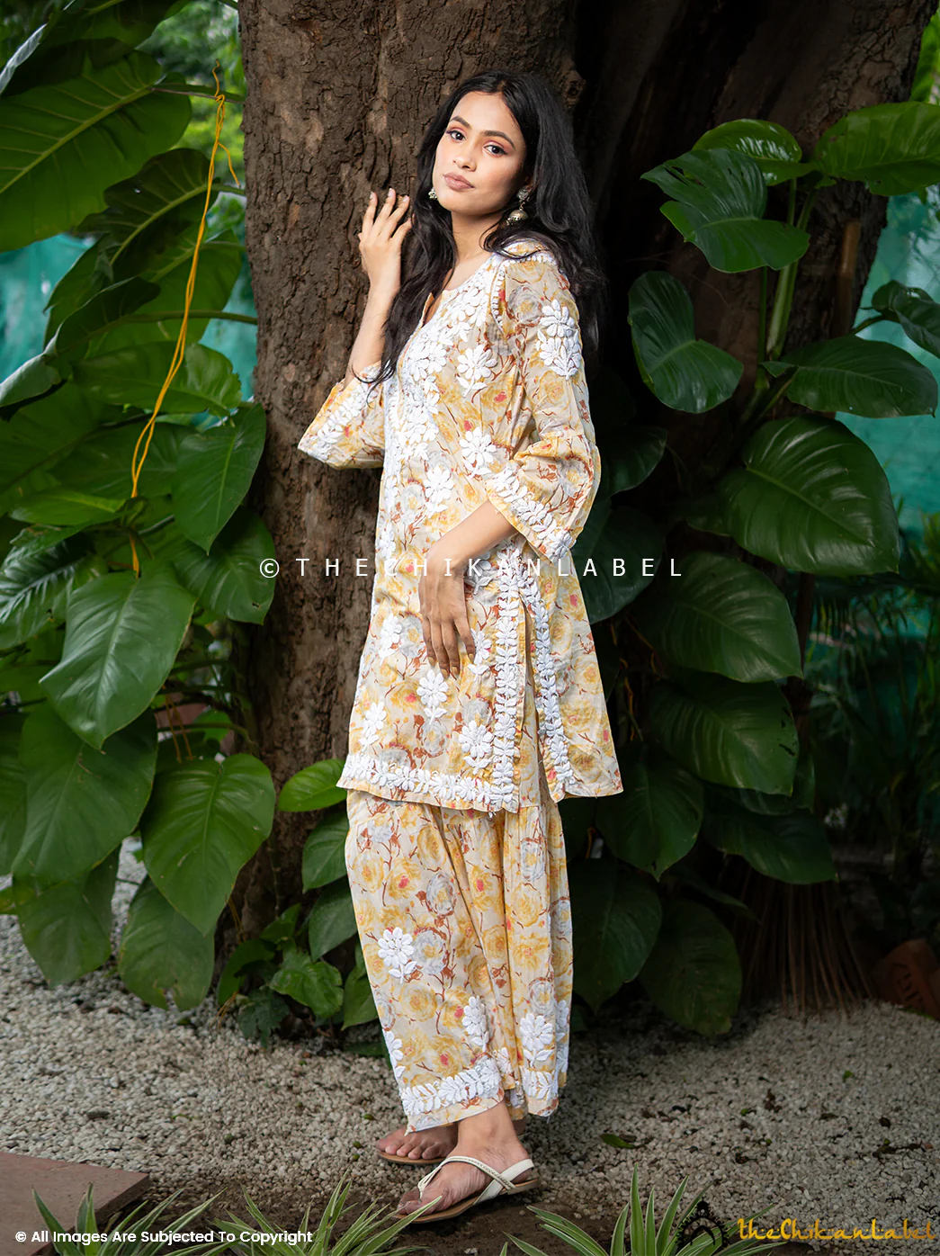 Tarz Mulmul Cotton Chikankari Kurta Garara Set - Yellow - Image 8