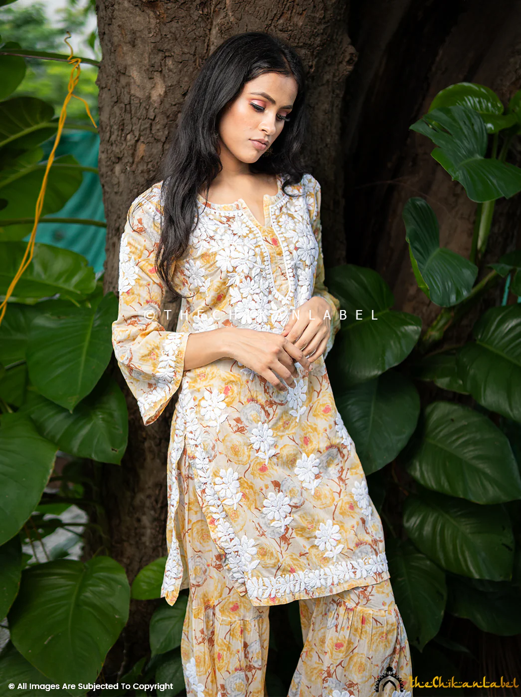 Tarz Mulmul Cotton Chikankari Kurta Garara Set - Yellow - Image 9