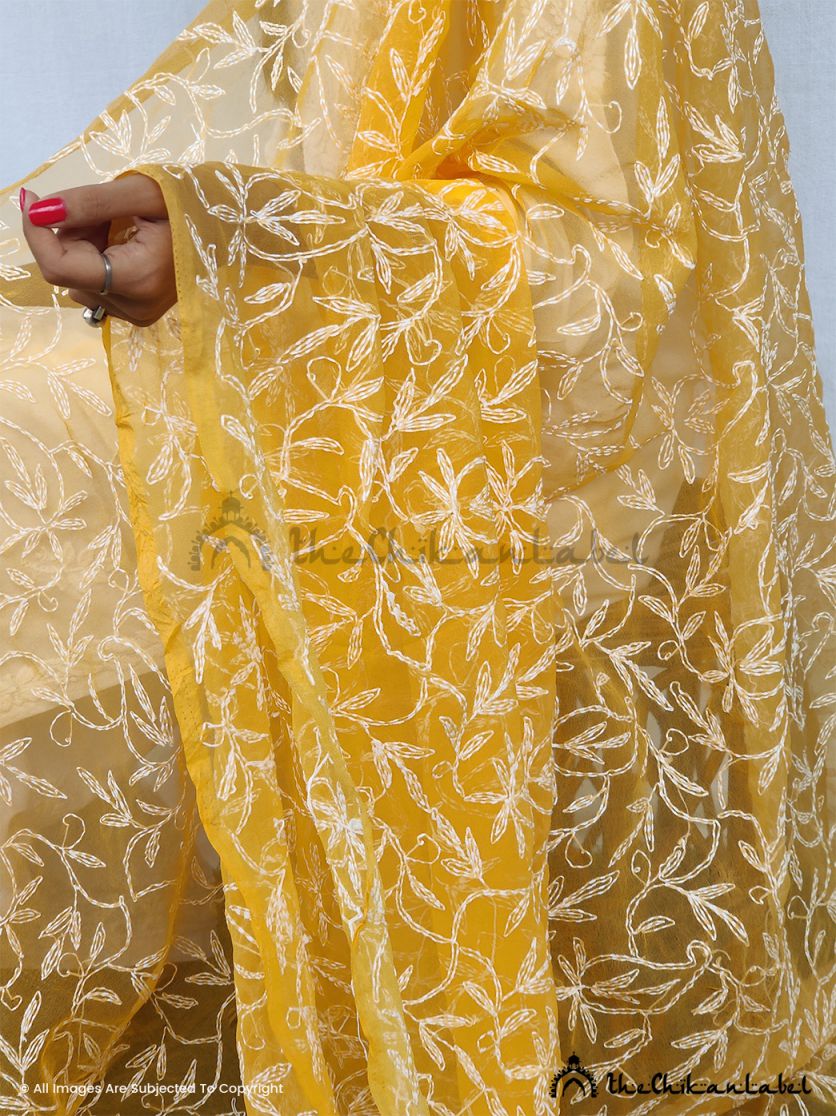 Yellow Tepchi Georgette Chikankari Dupatta Lucknawi Chikan - Image 3