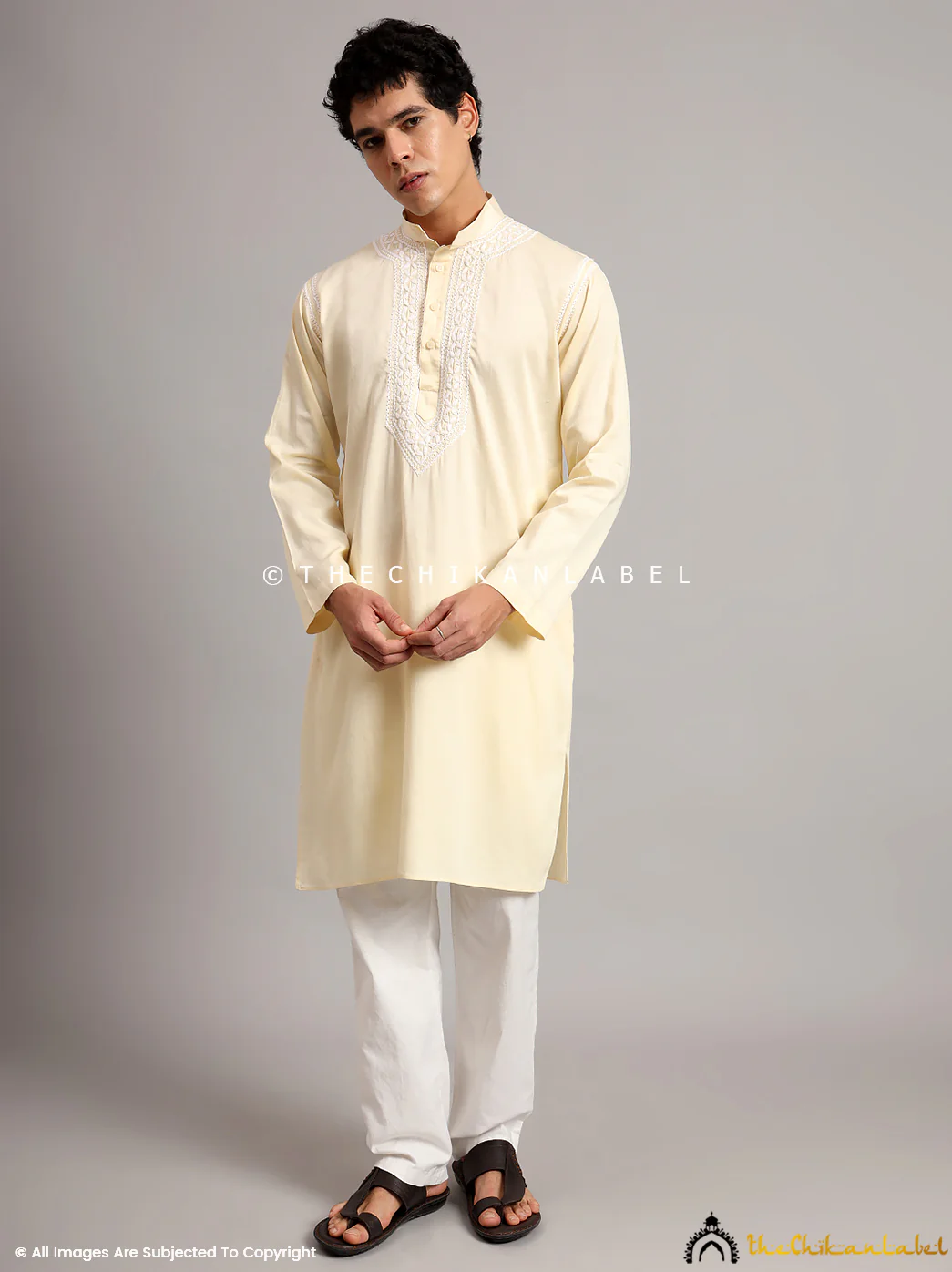 Yellow Uman Cotton Chikankari Men's Kurta
