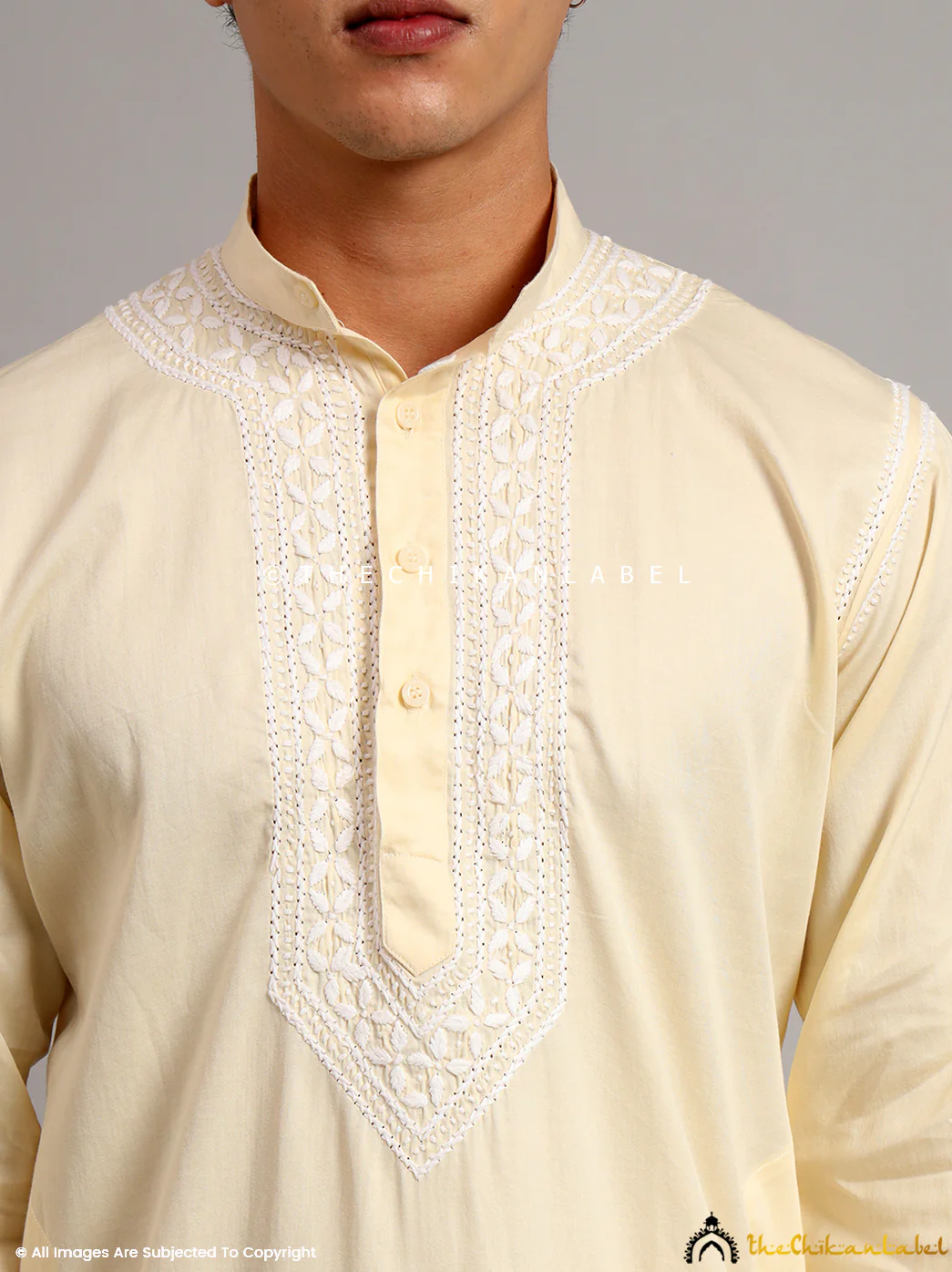 Yellow Uman Cotton Chikankari Men's Kurta - Image 2