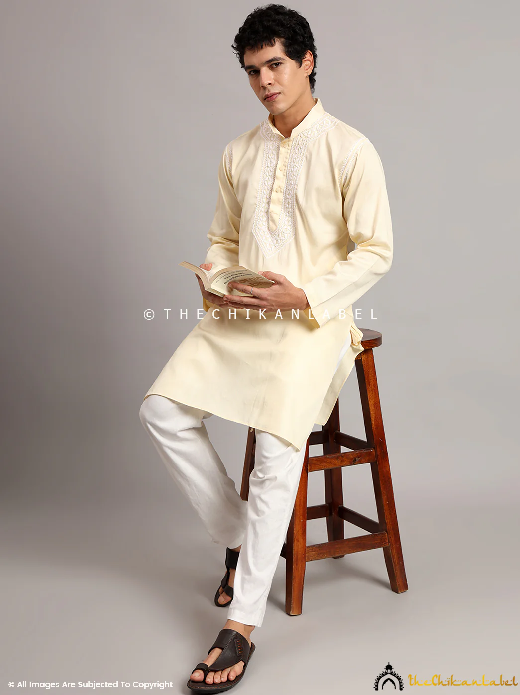Yellow Uman Cotton Chikankari Men's Kurta - Image 4