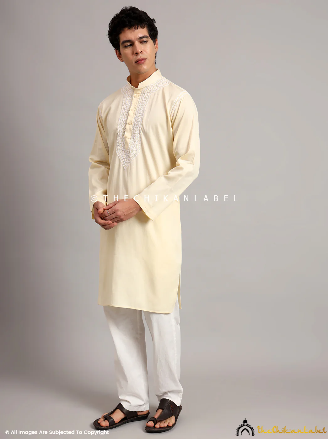 Yellow Uman Cotton Chikankari Men's Kurta - Image 5