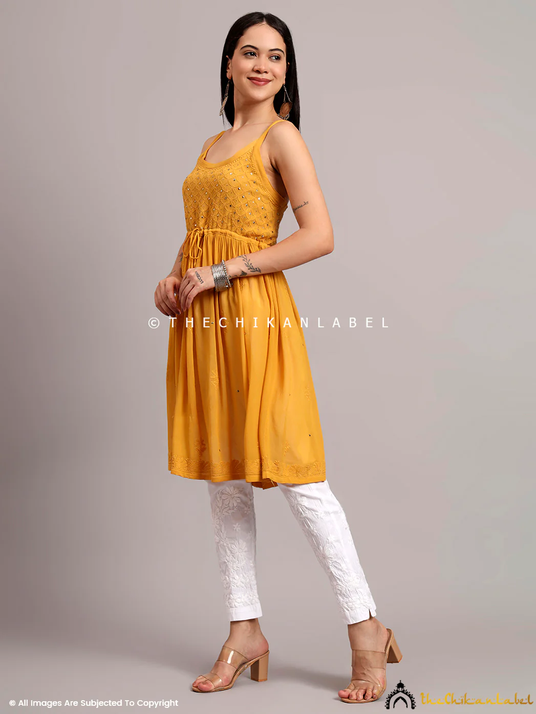 Zeenat Viscose Chikankari Noodle Strappy - Yellow - Image 4