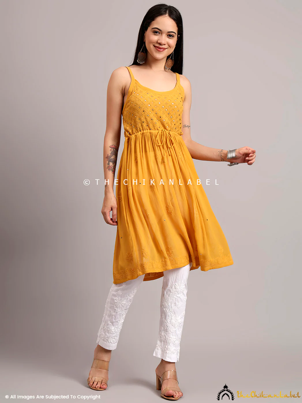 Zeenat Viscose Chikankari Noodle Strappy - Yellow - Image 5