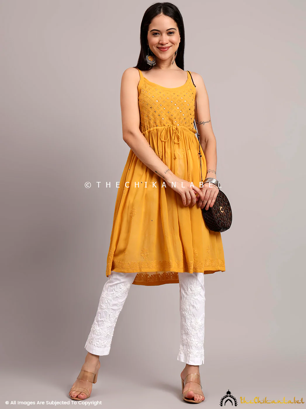 Zeenat Viscose Chikankari Noodle Strappy - Yellow - Image 6