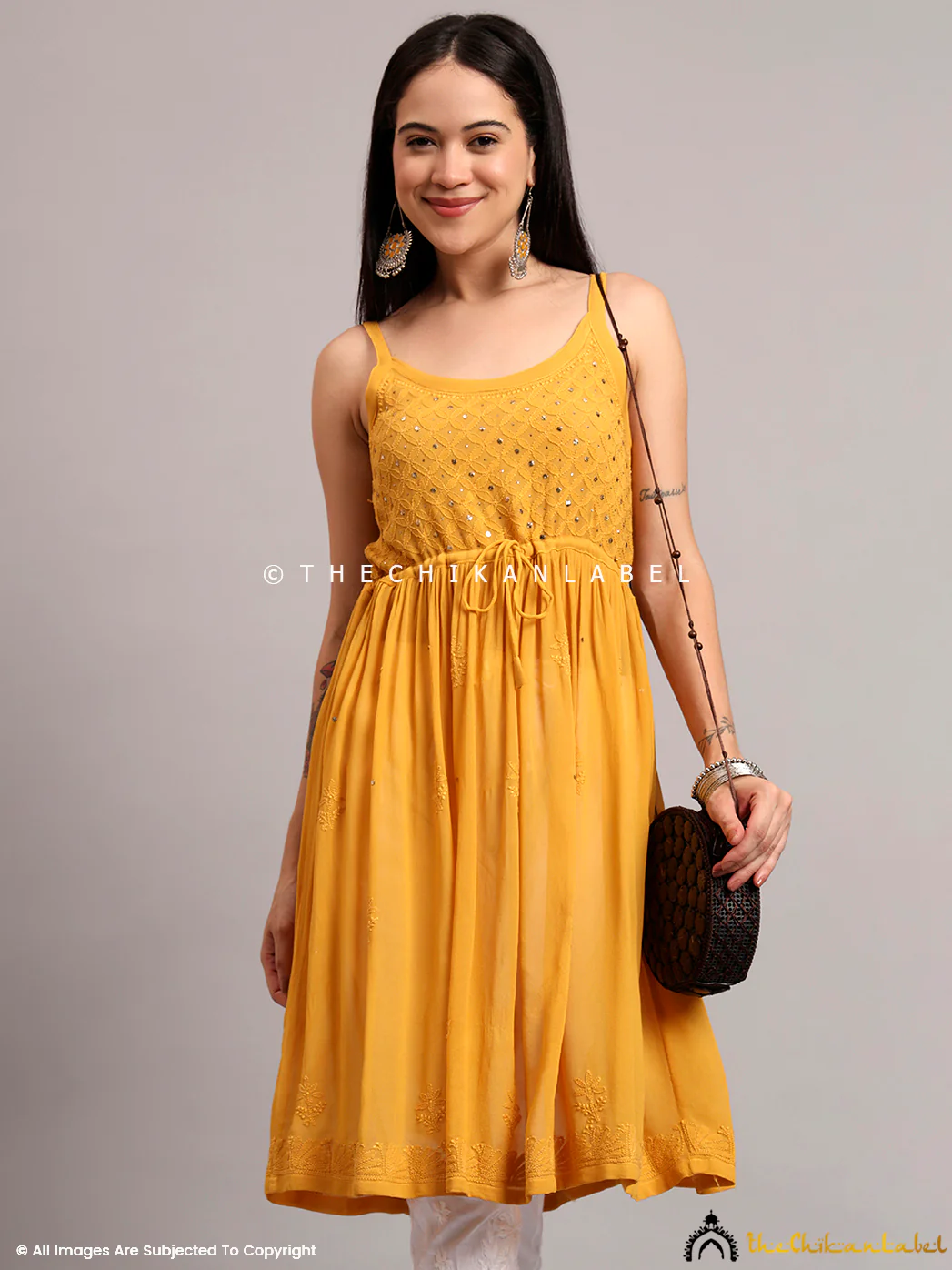 Zeenat Viscose Chikankari Noodle Strappy - Yellow - Image 7