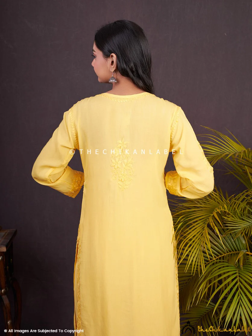Yellow Zehna Modal Chikankari Kurta Set - Image 3