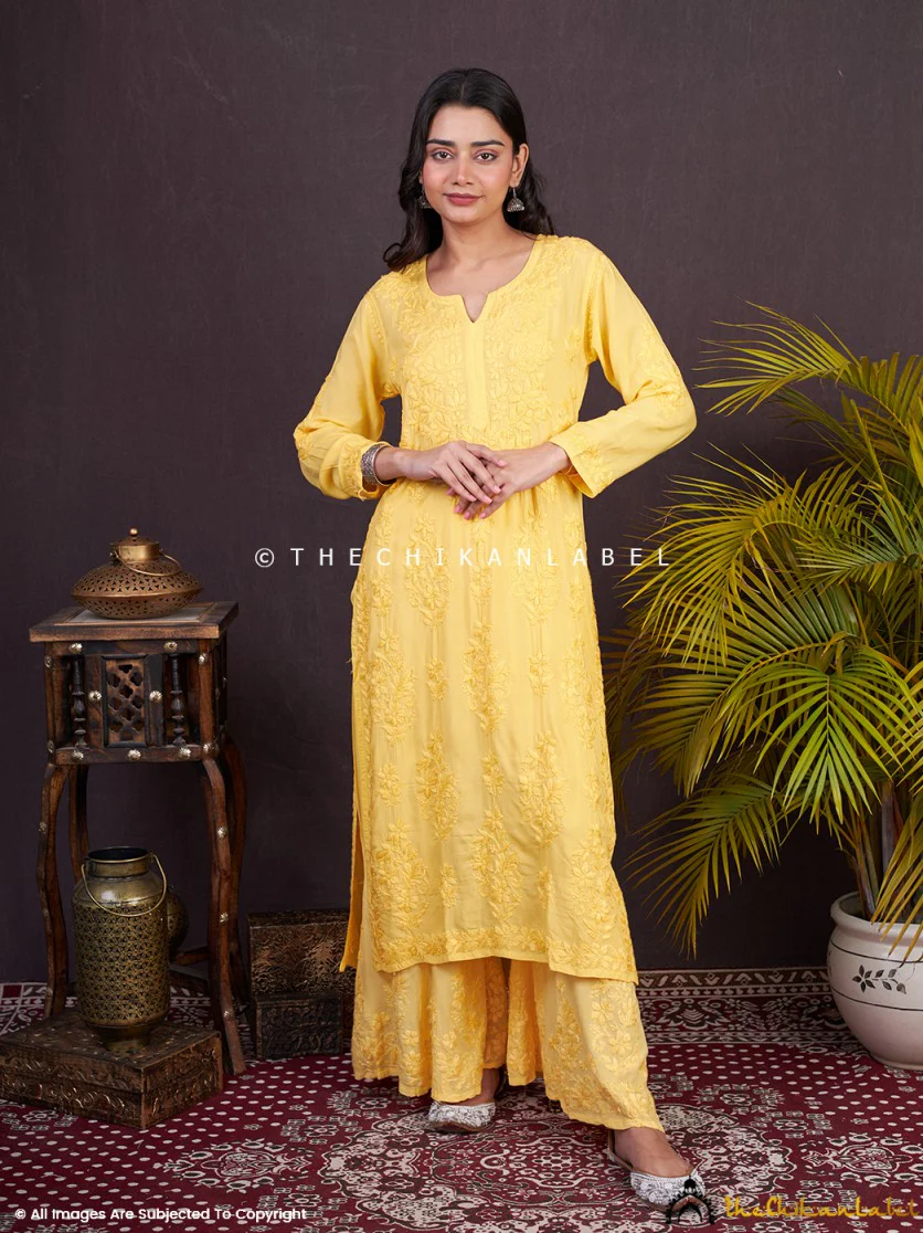 Yellow Zehna Modal Chikankari Kurta Set - Image 4