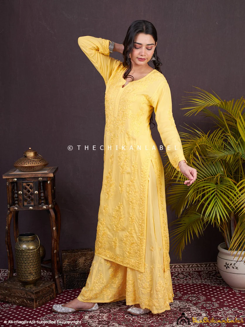 Yellow Zehna Modal Chikankari Kurta Set - Image 5
