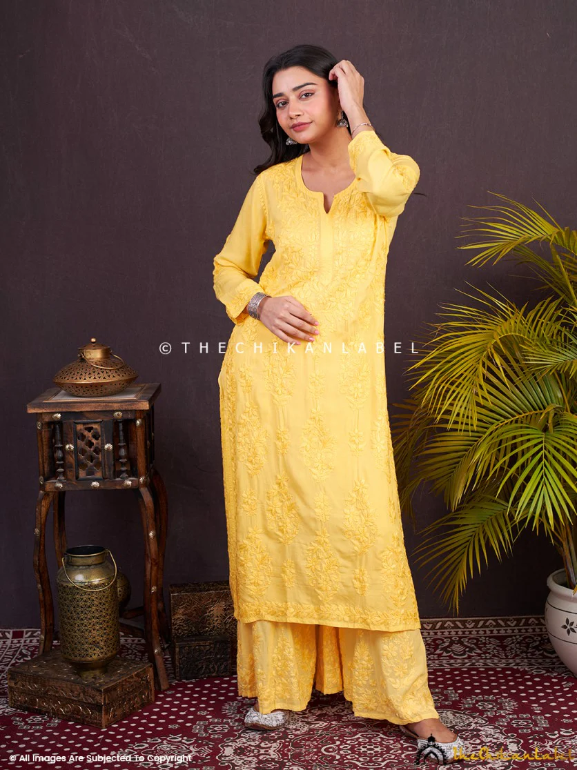 Yellow Zehna Modal Chikankari Kurta Set - Image 6