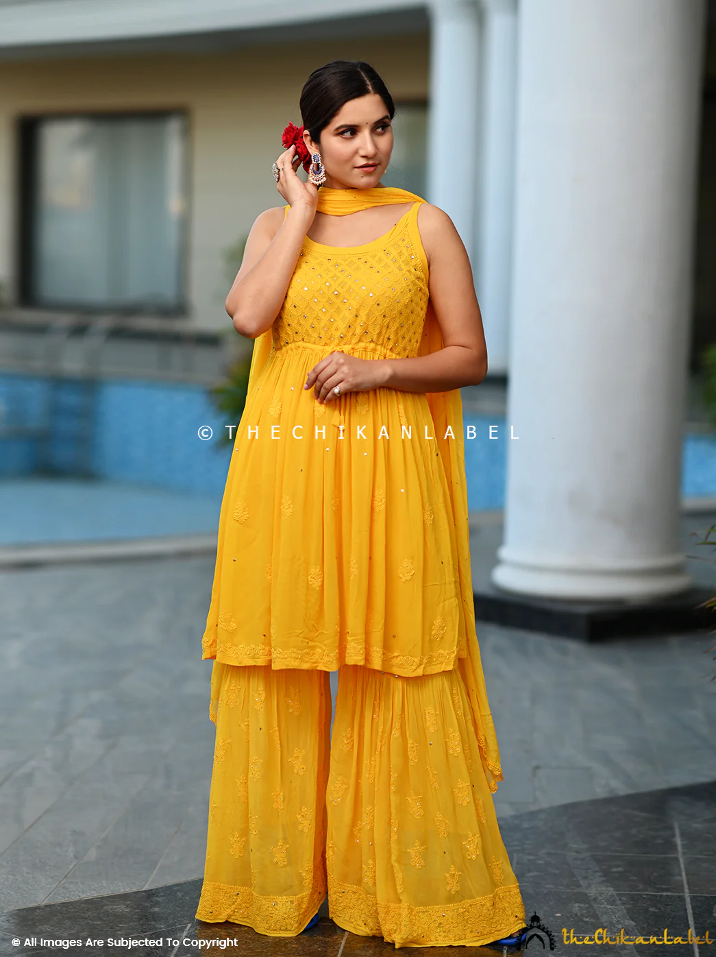 Yellow Zoya Viscose Chikankari Strappy Kurta Garara Set - Image 3