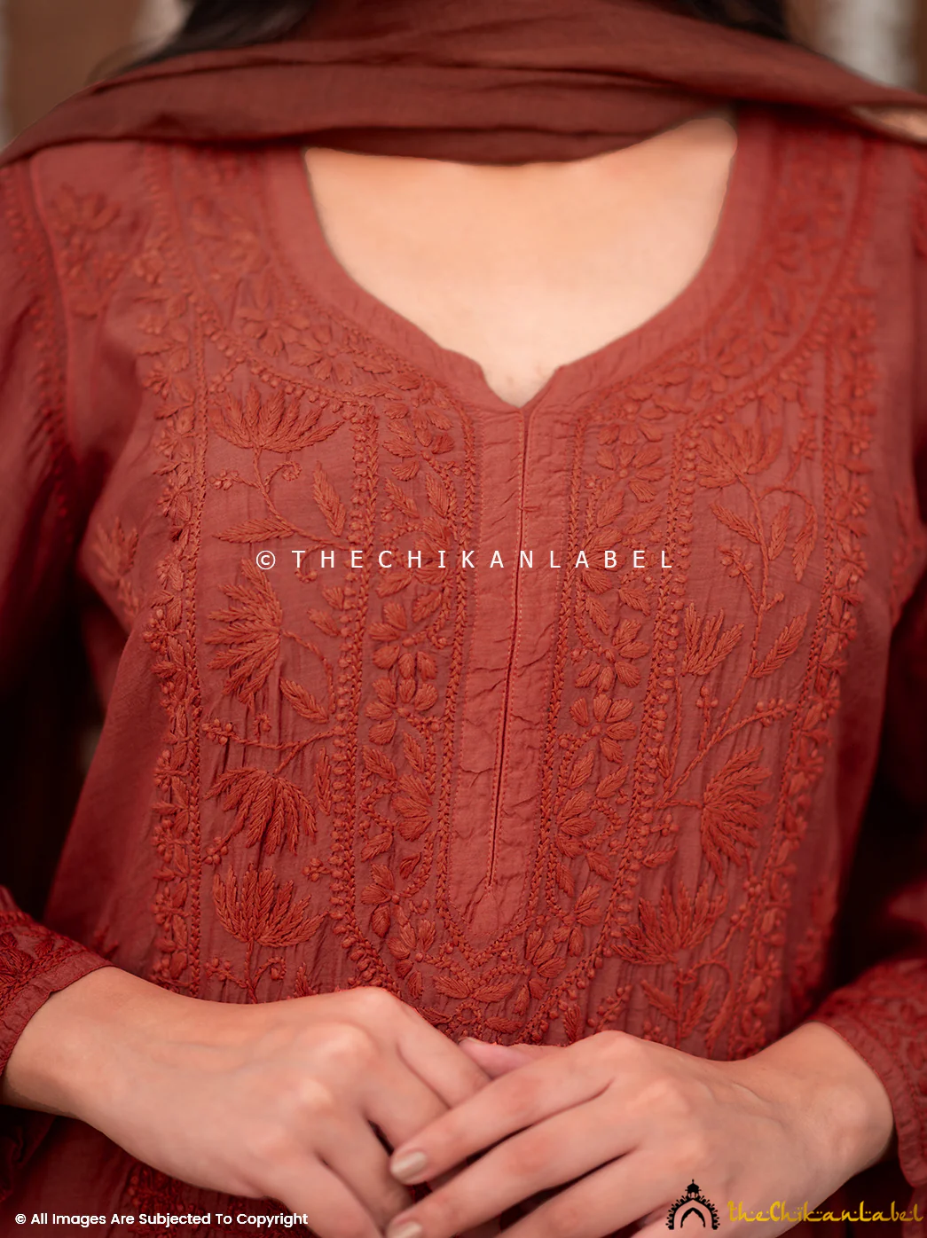 Zareen Muslin Chikankari Straight Kurta Set with Dupatta - Coral - Image 2