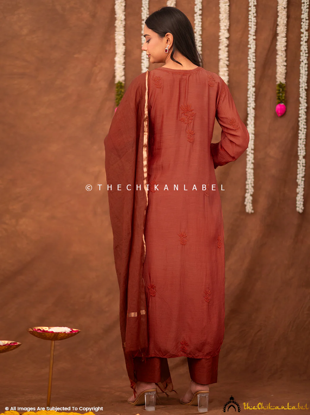 Zareen Muslin Chikankari Straight Kurta Set with Dupatta - Coral - Image 3