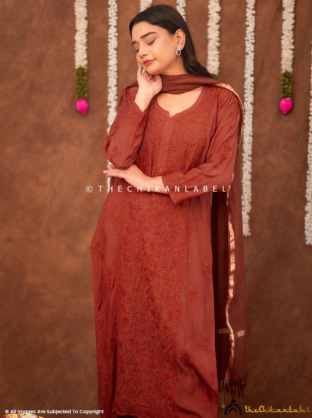 Zareen Muslin Chikankari Straight Kurta Set with Dupatta - Coral - Image 4