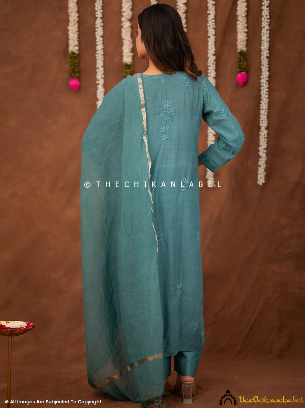 Zareen Muslin Chikankari Straight Kurta Set with Dupatta - Green - Image 3