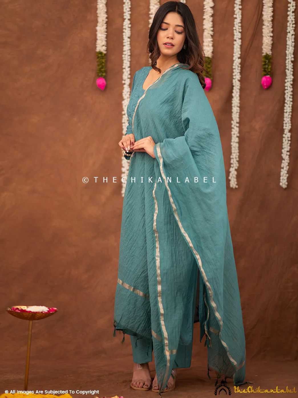Zareen Muslin Chikankari Straight Kurta Set with Dupatta - Green - Image 4