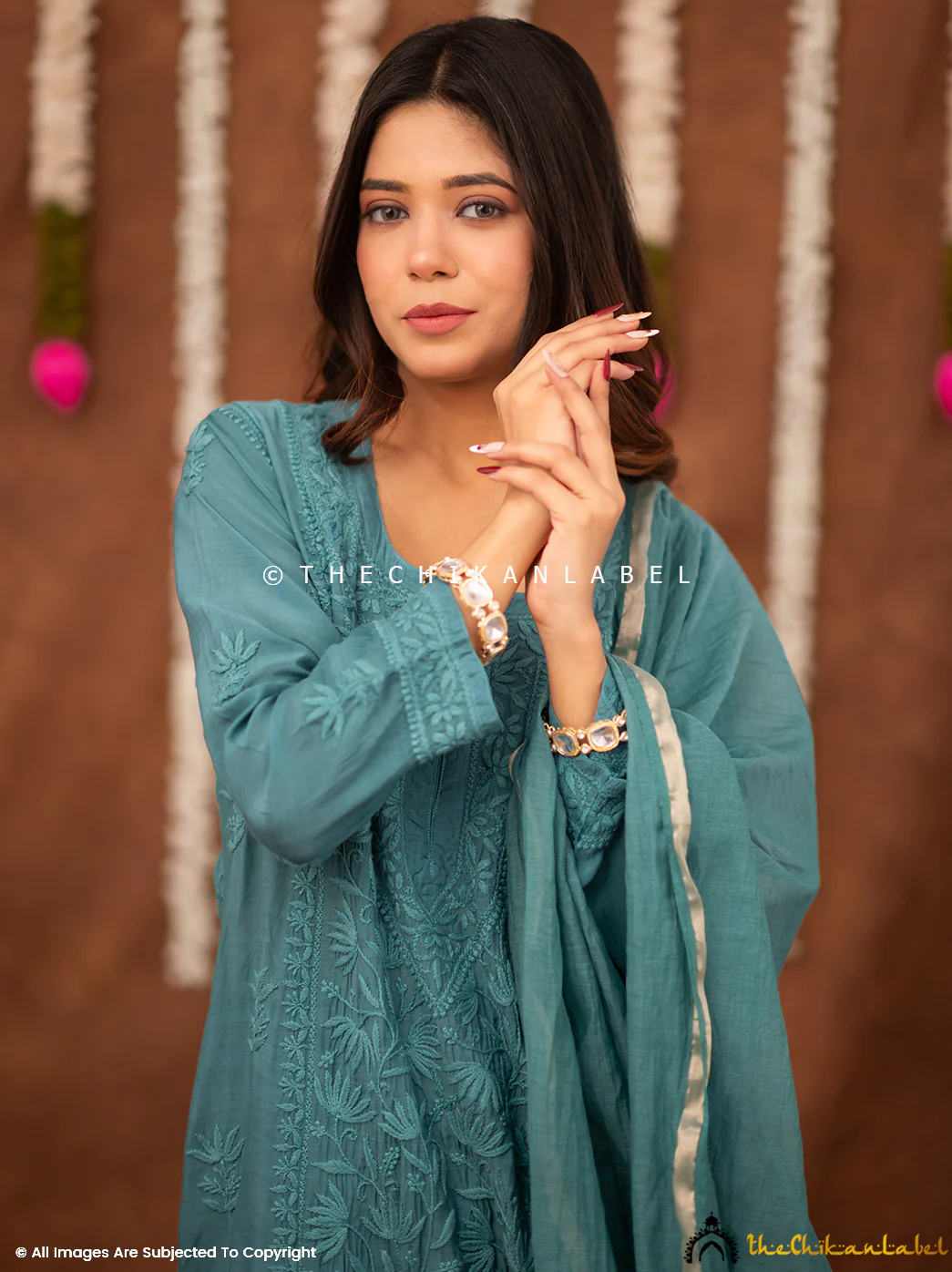 Zareen Muslin Chikankari Straight Kurta Set with Dupatta - Green - Image 5