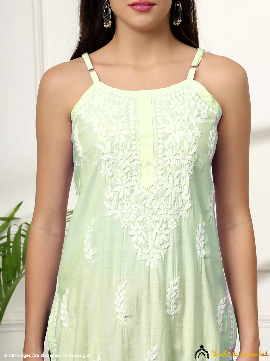 Zubaida Chanderi Chikankari Strappy Kurta - Pista Green - Image 2