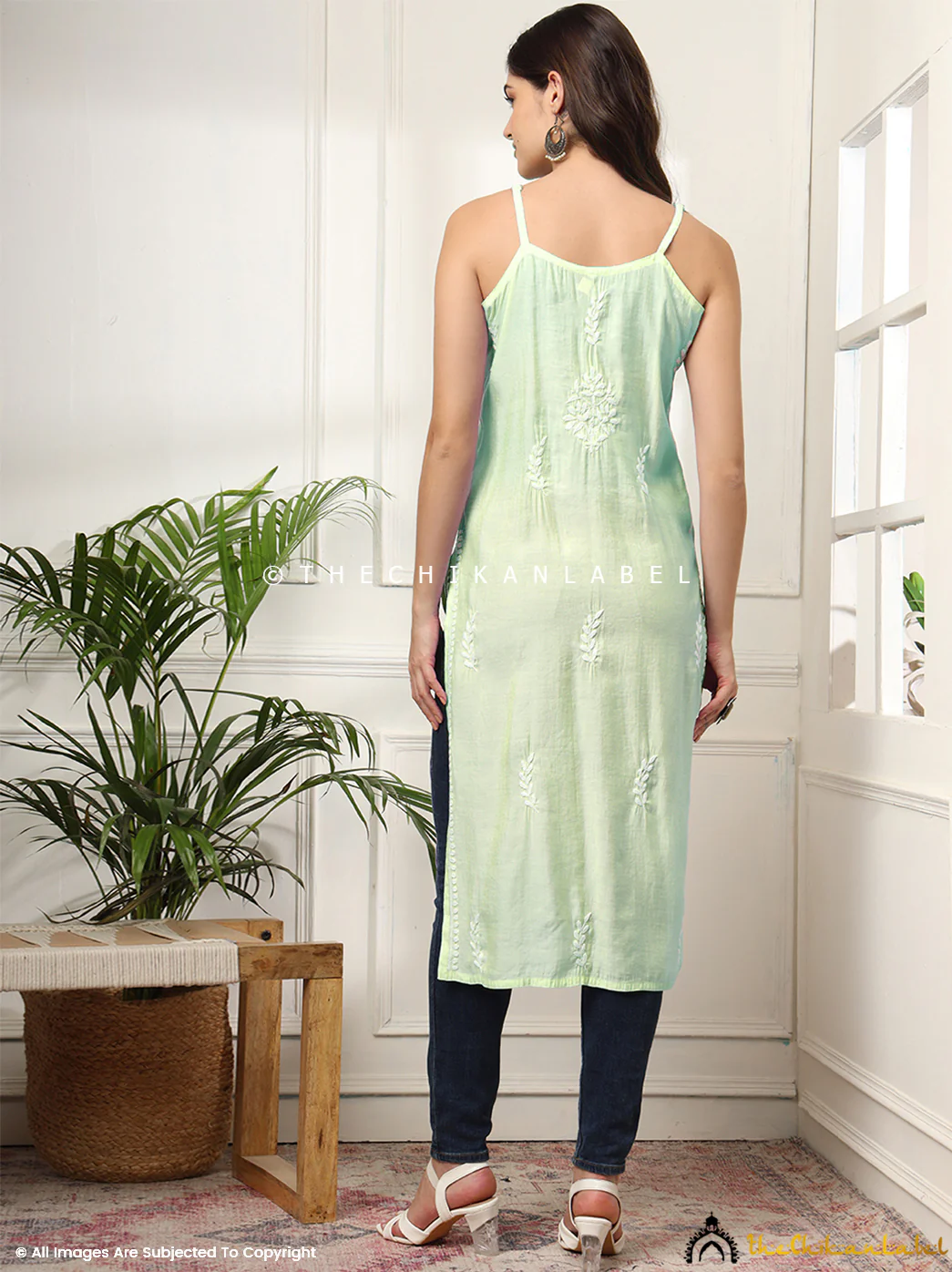 Zubaida Chanderi Chikankari Strappy Kurta - Pista Green - Image 3