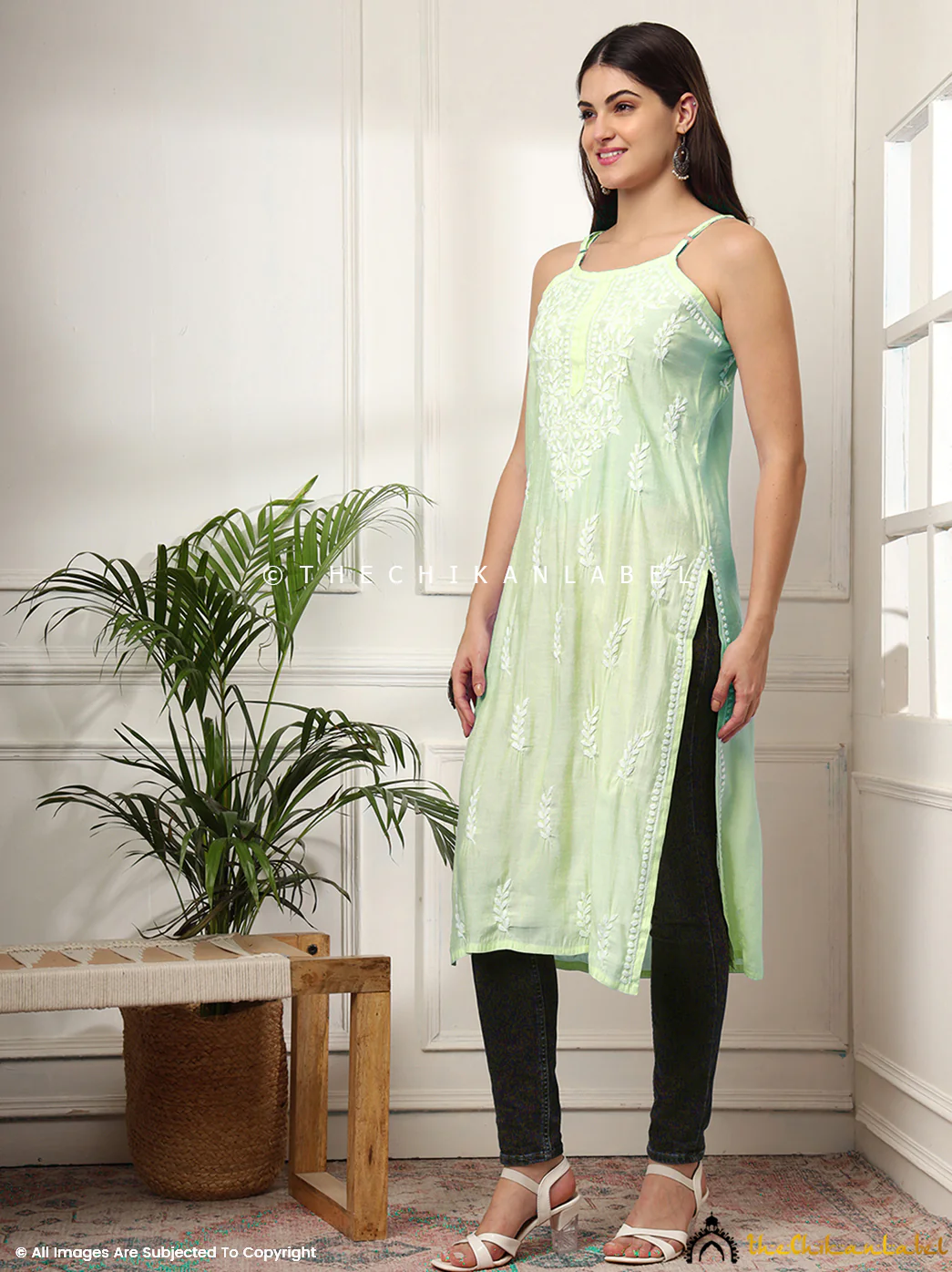 Zubaida Chanderi Chikankari Strappy Kurta - Pista Green - Image 4