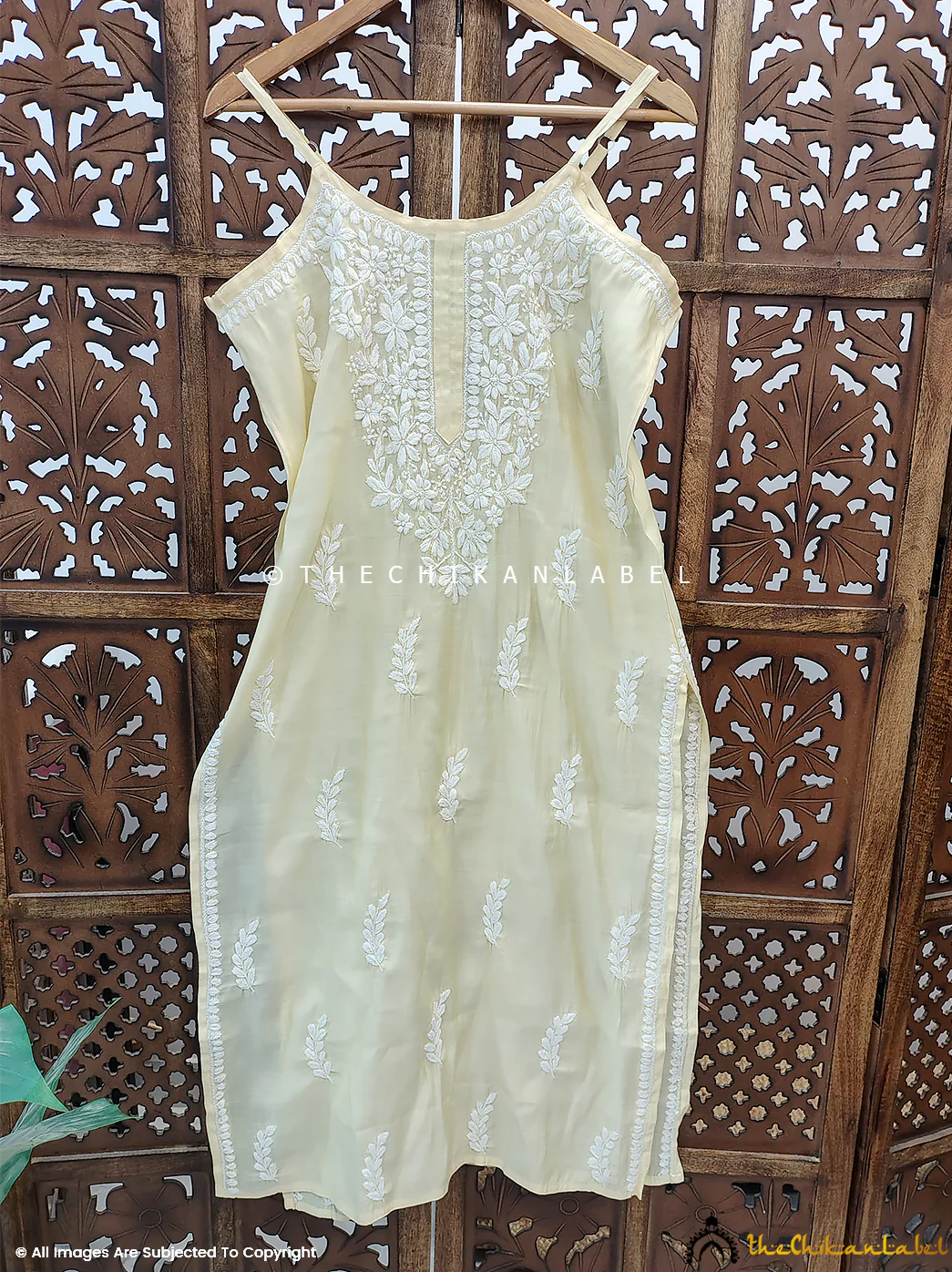 Zubaida Chanderi Chikankari Strappy Kurta - Pista Green - Image 6