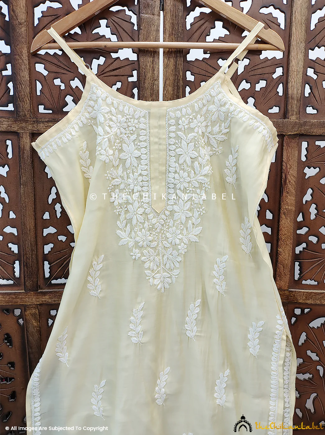 Zubaida Chanderi Chikankari Strappy Kurta - Pista Green - Image 7